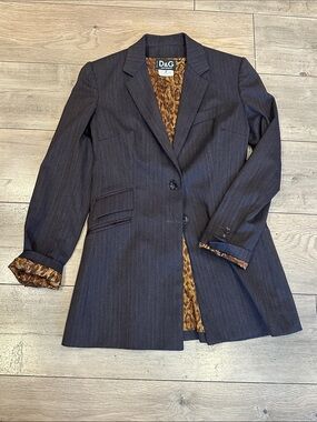D&G Women's Charcoal and Red Pinstripe Blazer with Leopard Lining